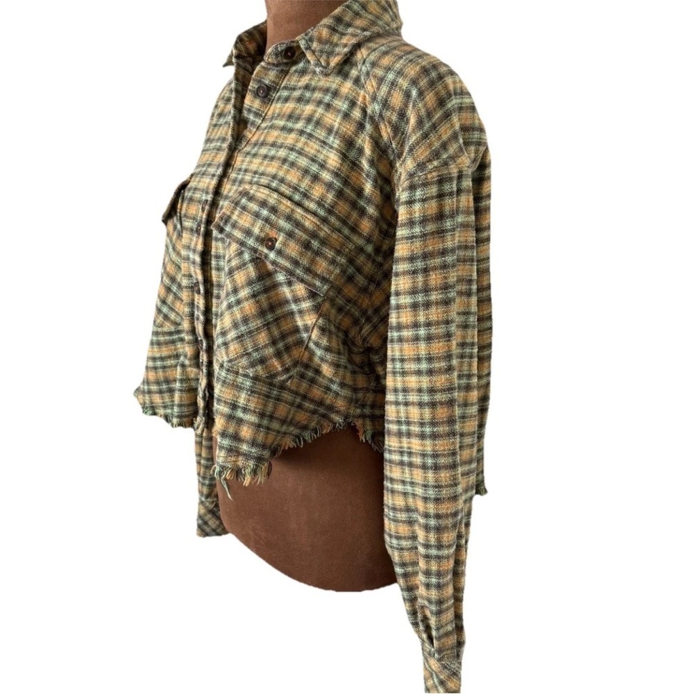 BDG Women Size XS Green Orange Brown Plaid Cropped Flannel  Raw Hem Oversized - Picture 13 of 15